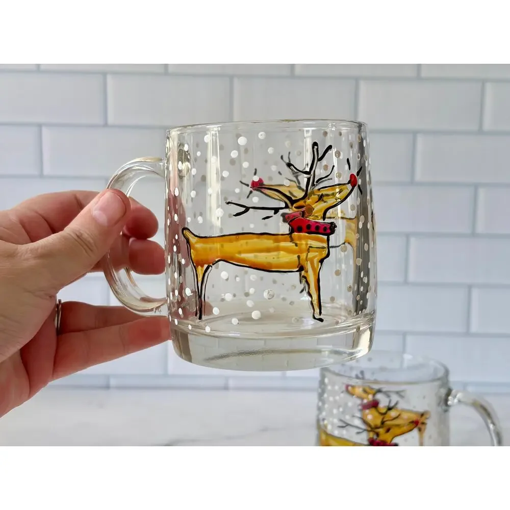 Vintage Pair Luminarc Holiday Christmas Rudolph Reindeer Snow Glass Mugs